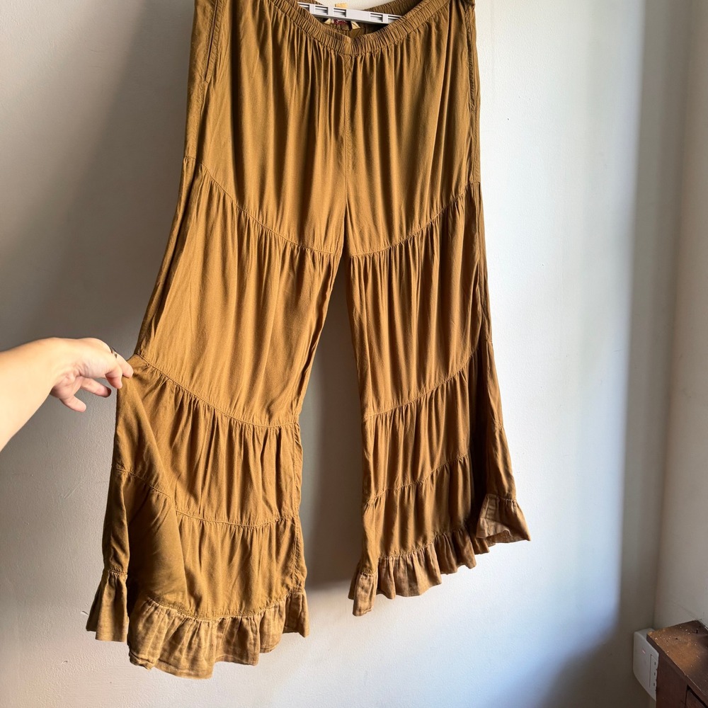 April Cornell Tiered Ruffle Wide Leg Pants Brown Small Good Goblincore Relaxed